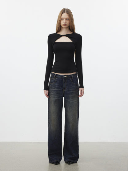 AFTADAWN 96% Cotton Stretch Distressed Wash Straight Natural Waist Zipper Fly Jeans