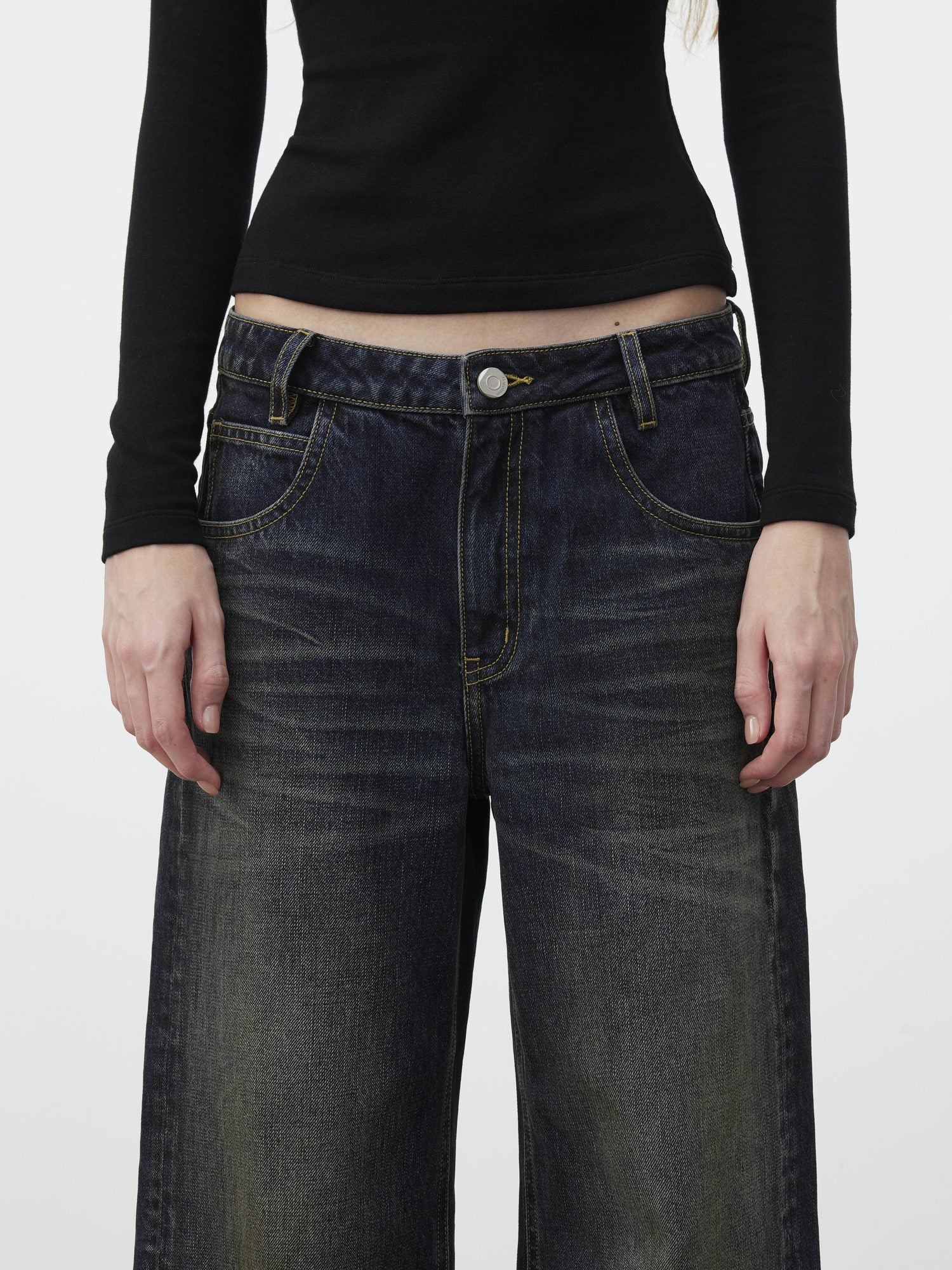 AFTADAWN 96% Cotton Stretch Distressed Wash Straight Natural Waist Zipper Fly Jeans