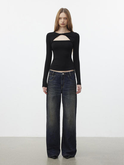 AFTADAWN 96% Cotton Stretch Distressed Wash Straight Natural Waist Zipper Fly Jeans