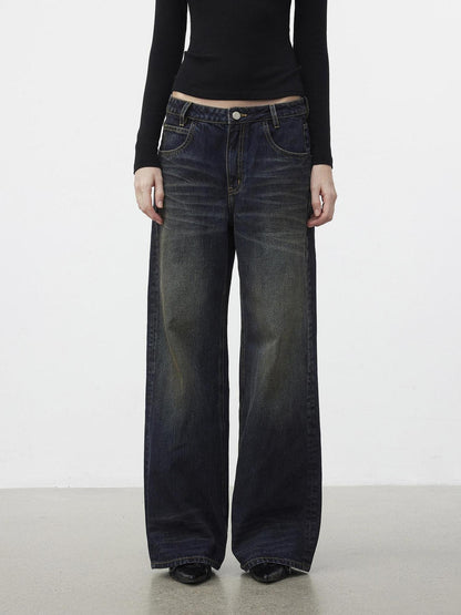 AFTADAWN 96% Cotton Stretch Distressed Wash Straight Natural Waist Zipper Fly Jeans