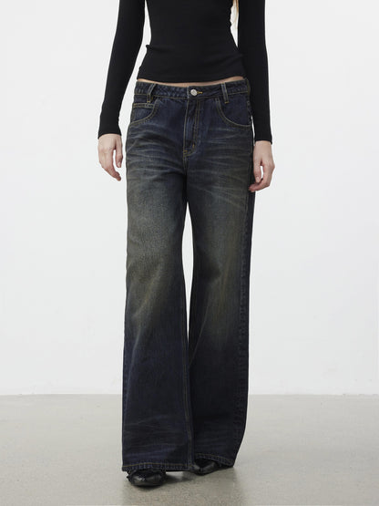 AFTADAWN 96% Cotton Stretch Distressed Wash Straight Natural Waist Zipper Fly Jeans