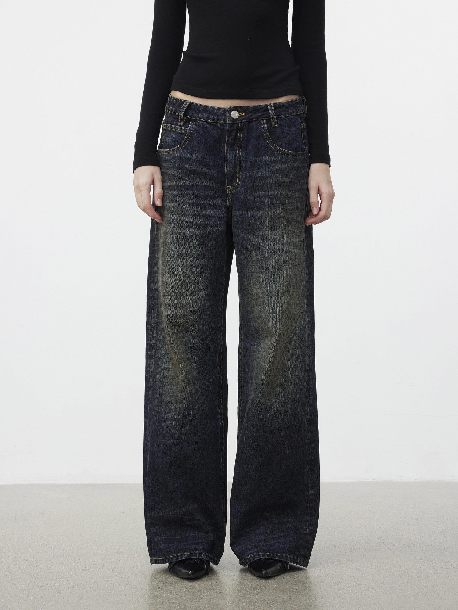 AFTADAWN 96% Cotton Stretch Distressed Wash Straight Natural Waist Zipper Fly Jeans