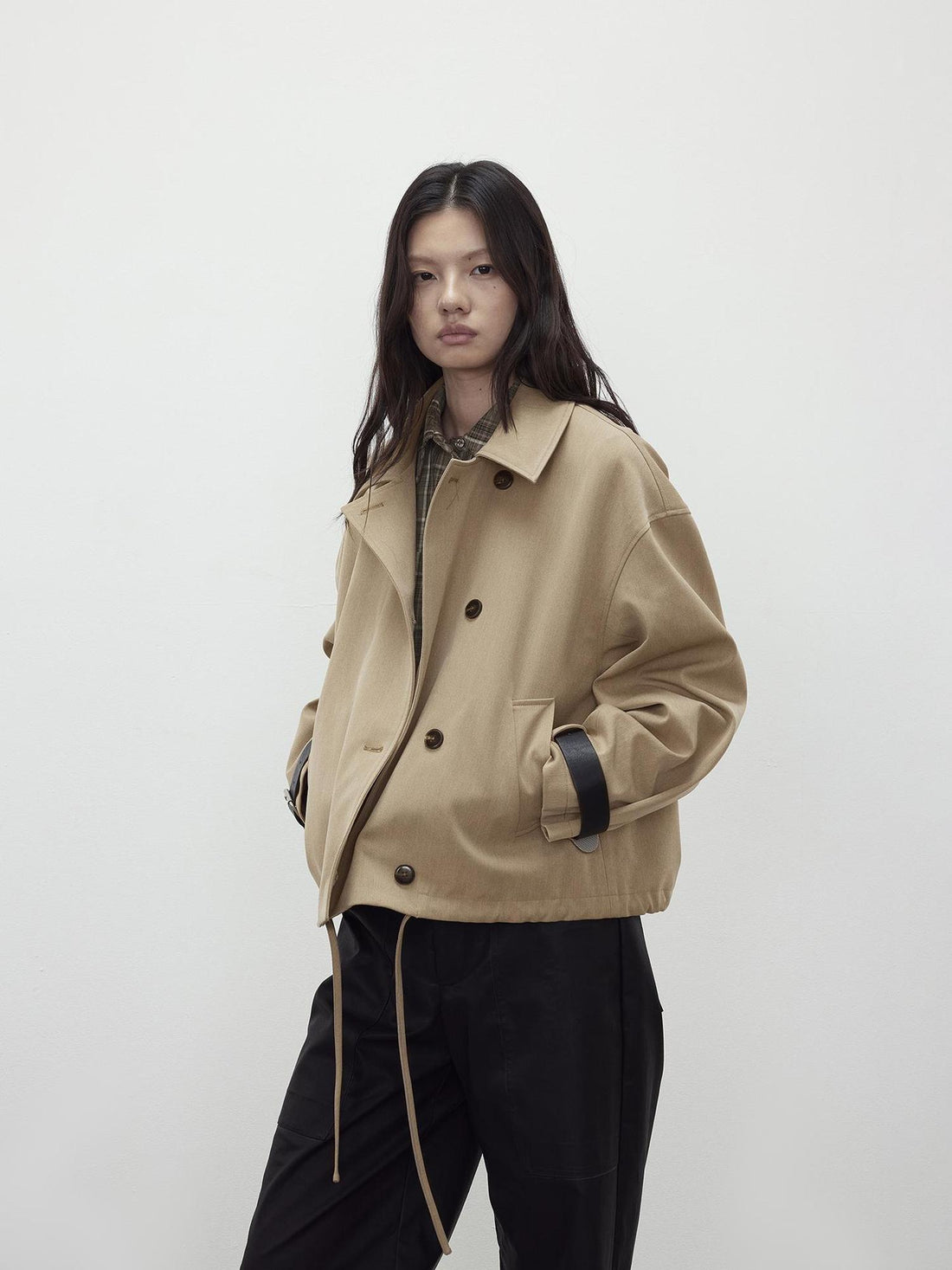 AFTADAWN A Line Utility Short Trench Coat With Detachable Belted Cuffs
