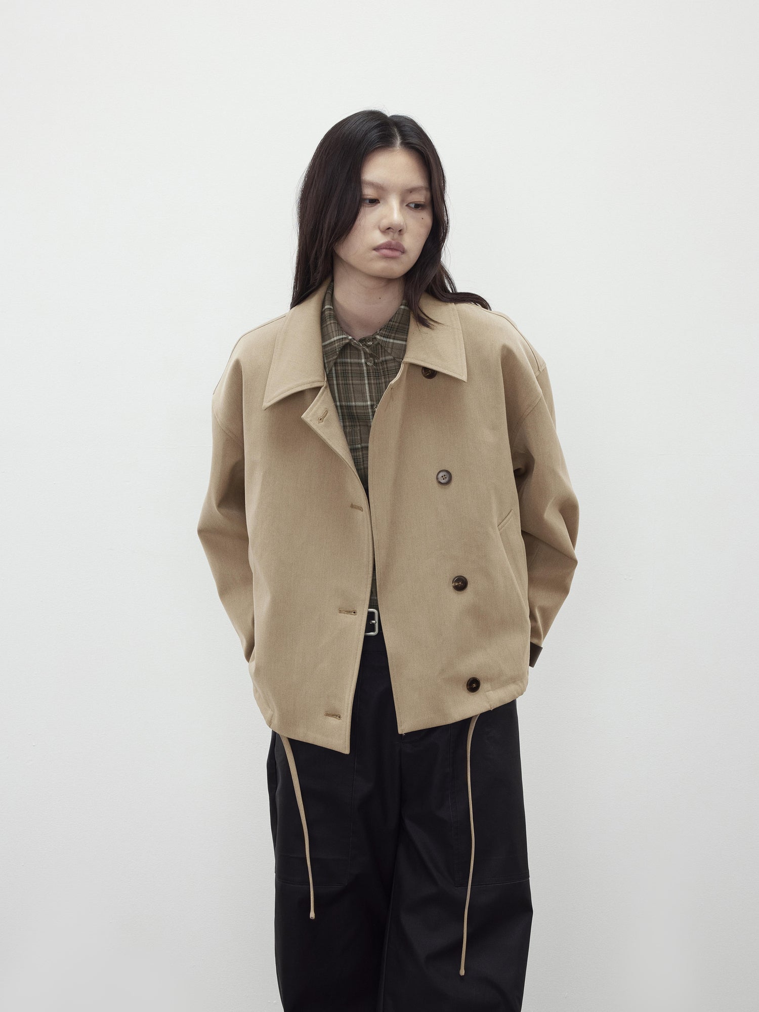 AFTADAWN A Line Utility Short Trench Coat With Detachable Belted Cuffs