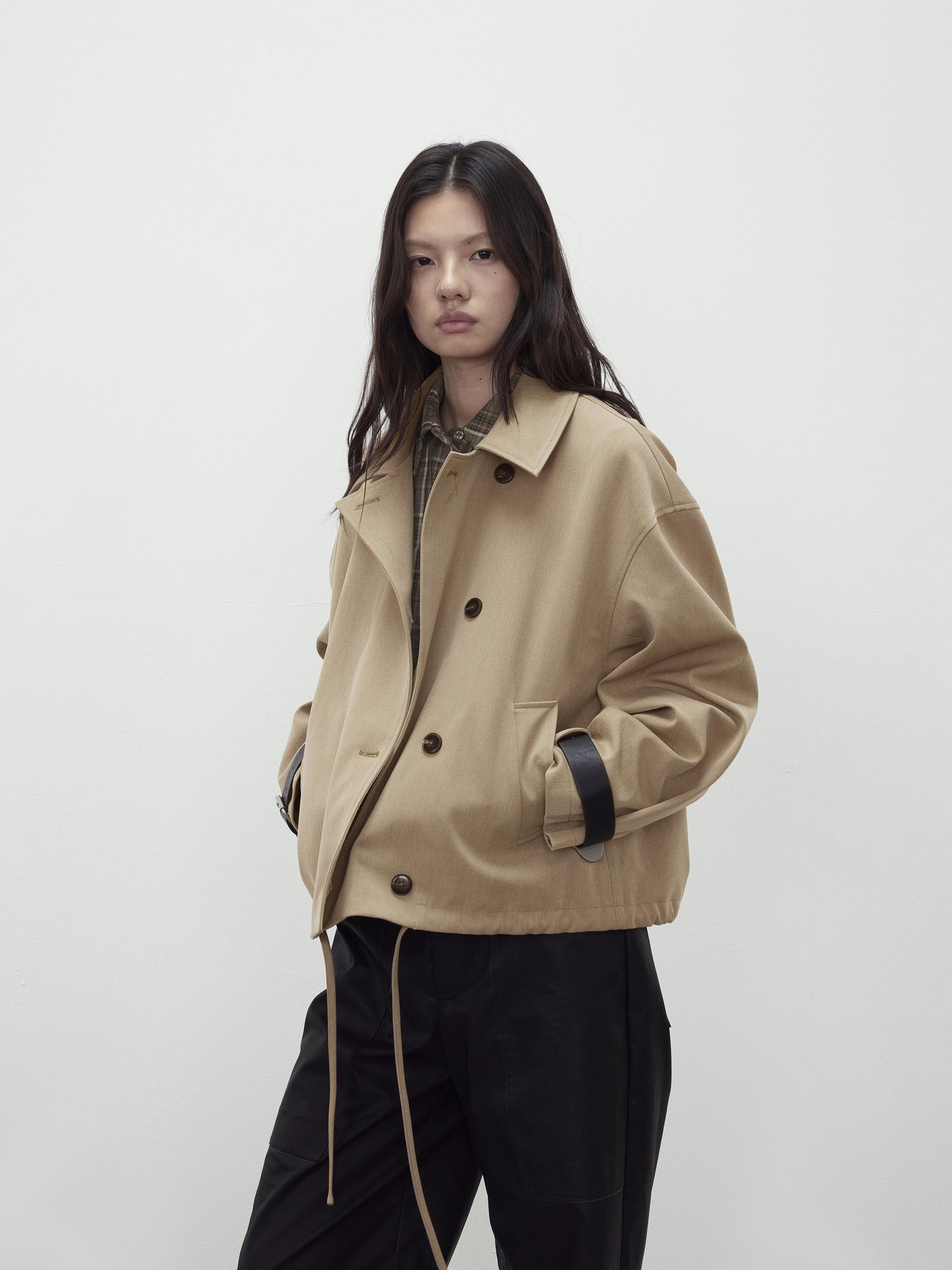 AFTADAWN A Line Utility Short Trench Coat With Detachable Belted Cuffs