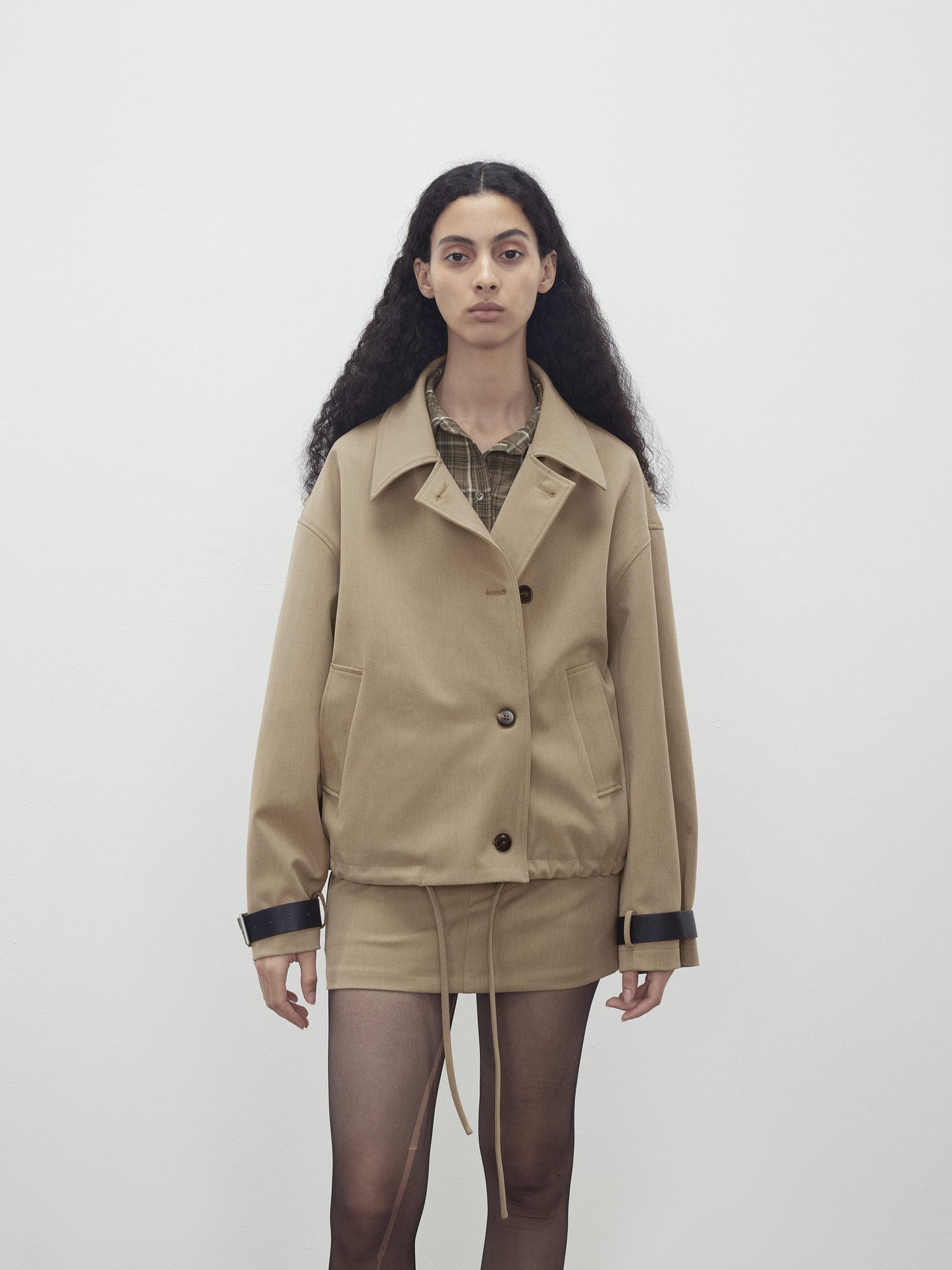 AFTADAWN A Line Utility Short Trench Coat With Detachable Belted Cuffs