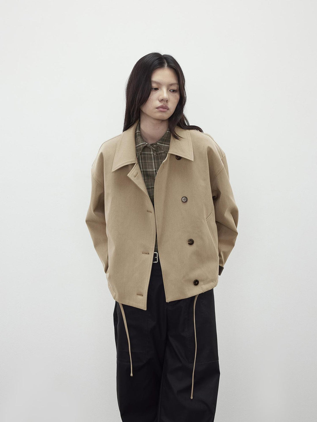 AFTADAWN A Line Utility Short Trench Coat With Detachable Belted Cuffs