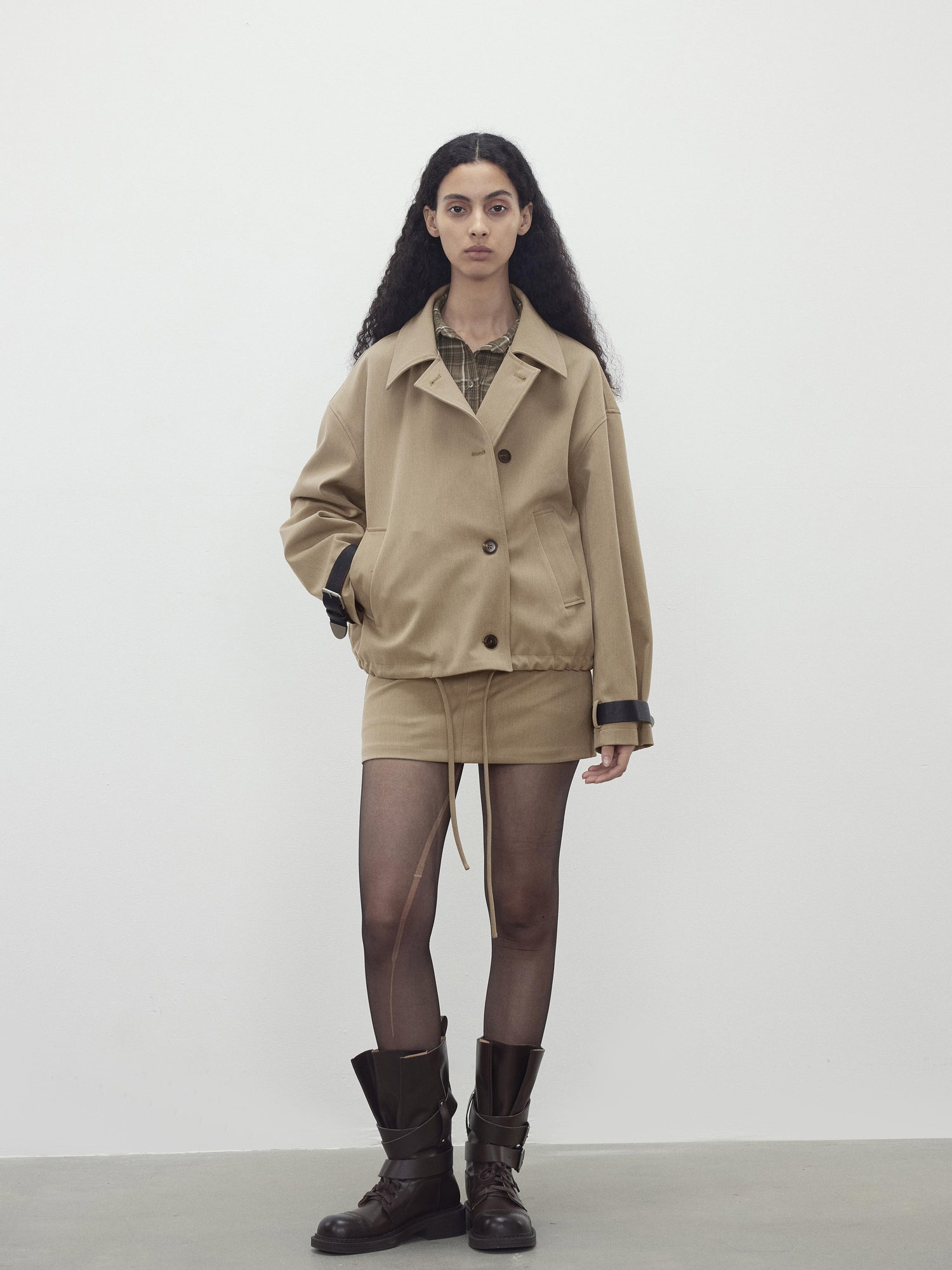 AFTADAWN A Line Utility Short Trench Coat With Detachable Belted Cuffs