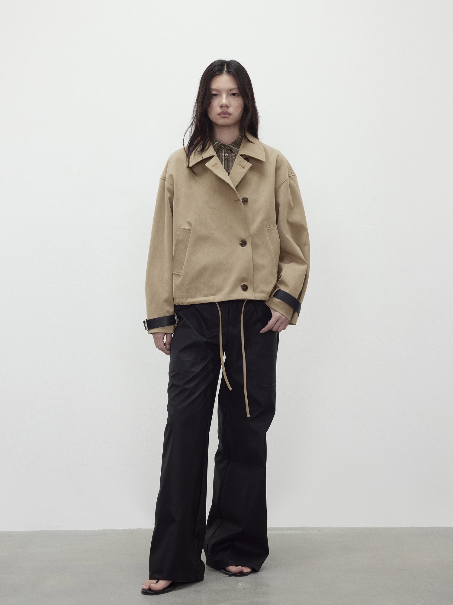 AFTADAWN A Line Utility Short Trench Coat With Detachable Belted Cuffs