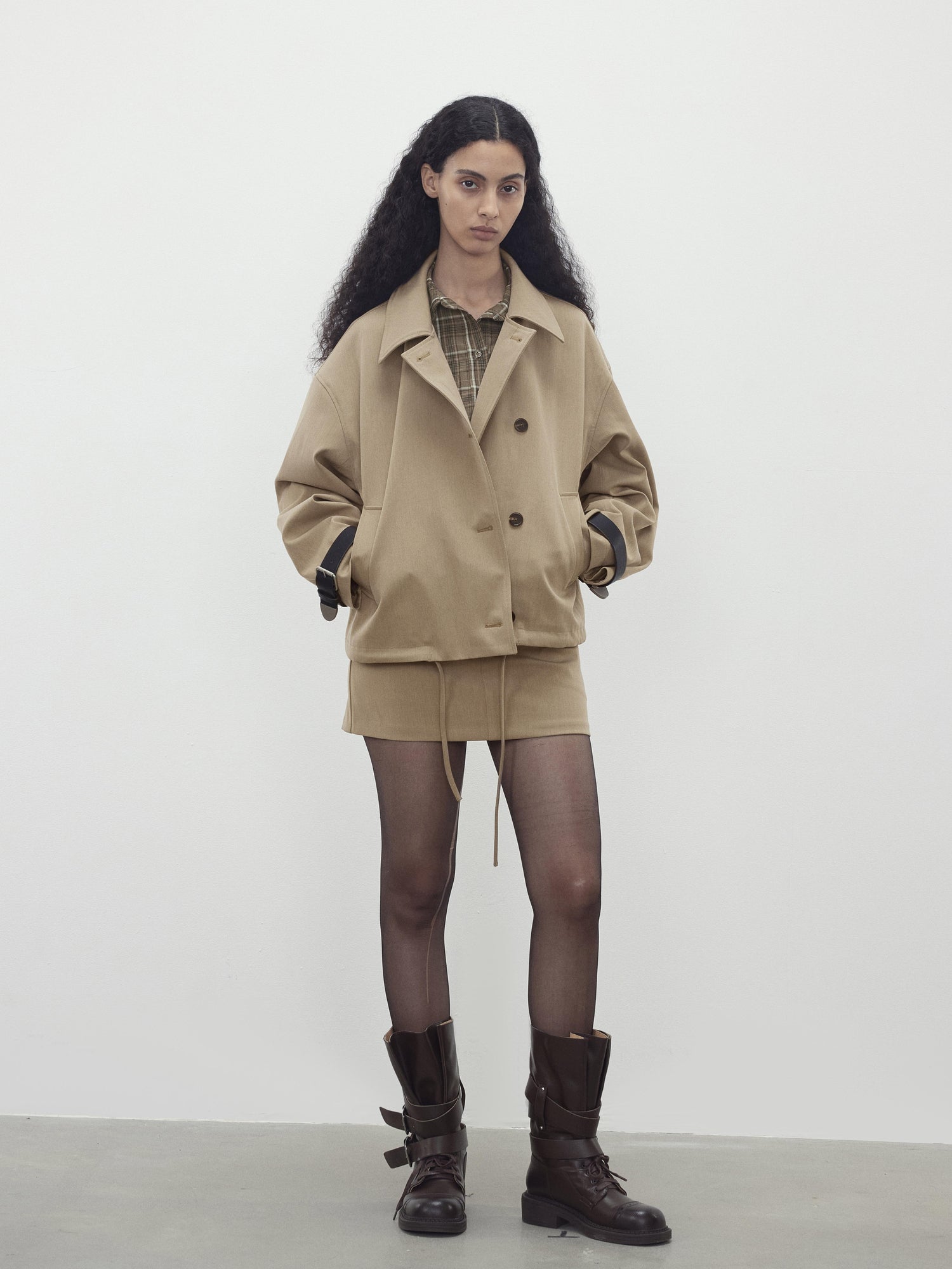 AFTADAWN A Line Utility Short Trench Coat With Detachable Belted Cuffs