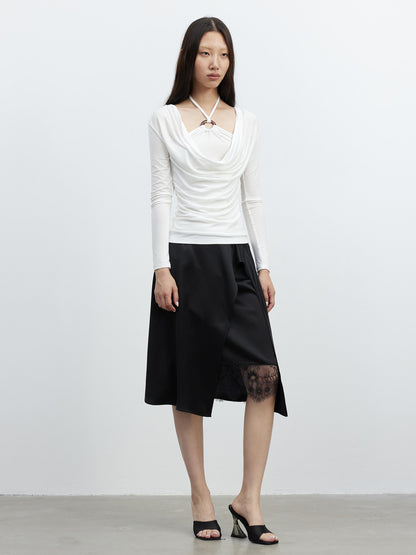 AFTADAWN Acetate Matte Lace Asymmetrical Midi Skirt