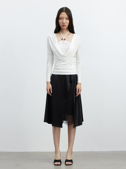 AFTADAWN Acetate Matte Lace Asymmetrical Midi Skirt