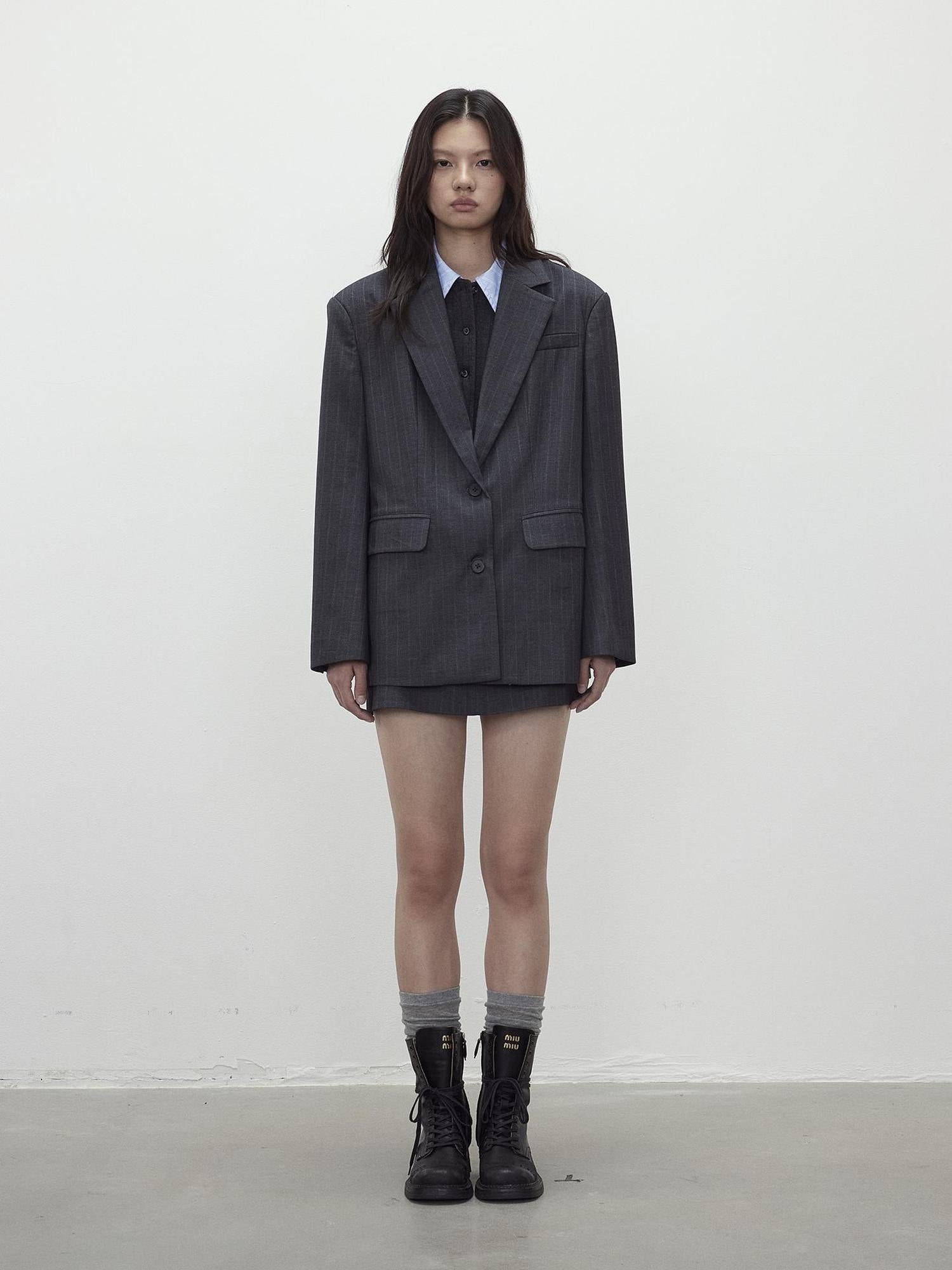 AFTADAWN After Dawn Black Striped Single Breasted Two Button Oversize Blazer