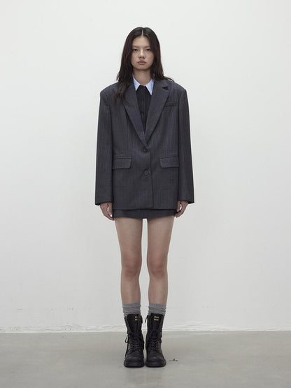 AFTADAWN After Dawn Black Striped Single Breasted Two Button Oversize Blazer
