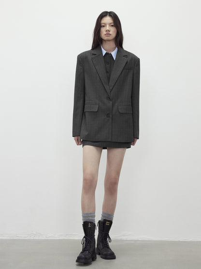 AFTADAWN After Dawn Black Striped Single Breasted Two Button Oversize Blazer