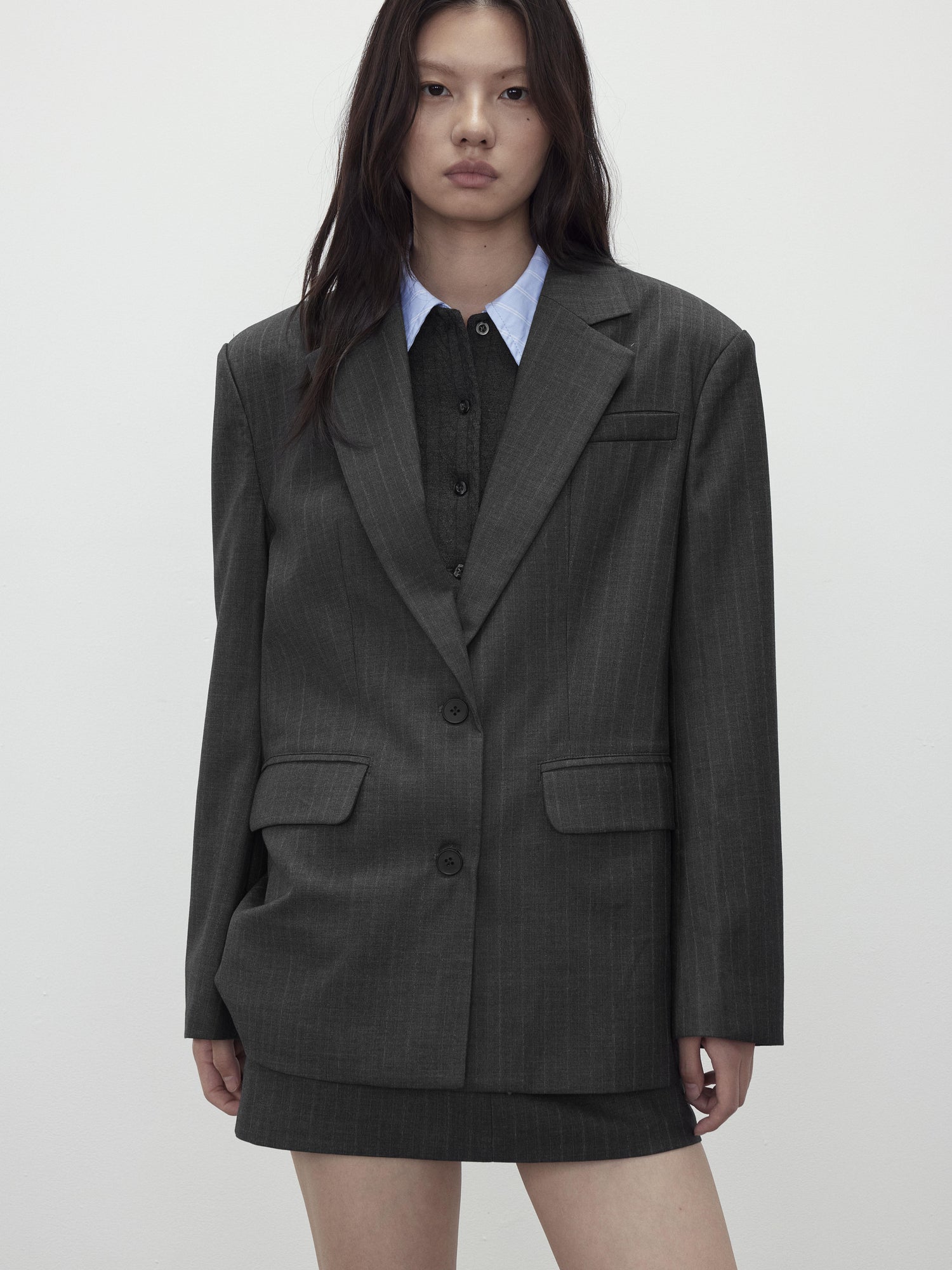 AFTADAWN After Dawn Black Striped Single Breasted Two Button Oversize Blazer