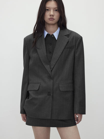 AFTADAWN After Dawn Black Striped Single Breasted Two Button Oversize Blazer