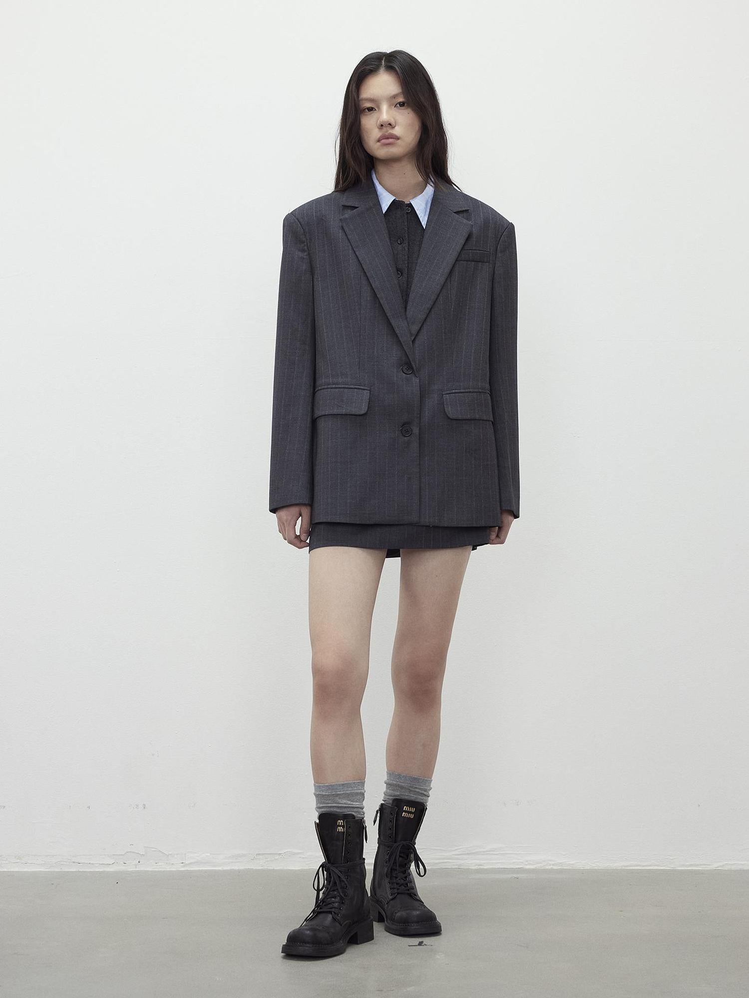 AFTADAWN After Dawn Black Striped Single Breasted Two Button Oversize Blazer
