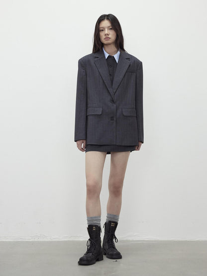 AFTADAWN After Dawn Black Striped Single Breasted Two Button Oversize Blazer