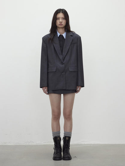 AFTADAWN After Dawn Black Striped Single Breasted Two Button Oversize Blazer