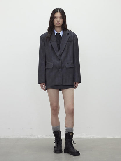 AFTADAWN After Dawn Black Striped Single Breasted Two Button Oversize Blazer