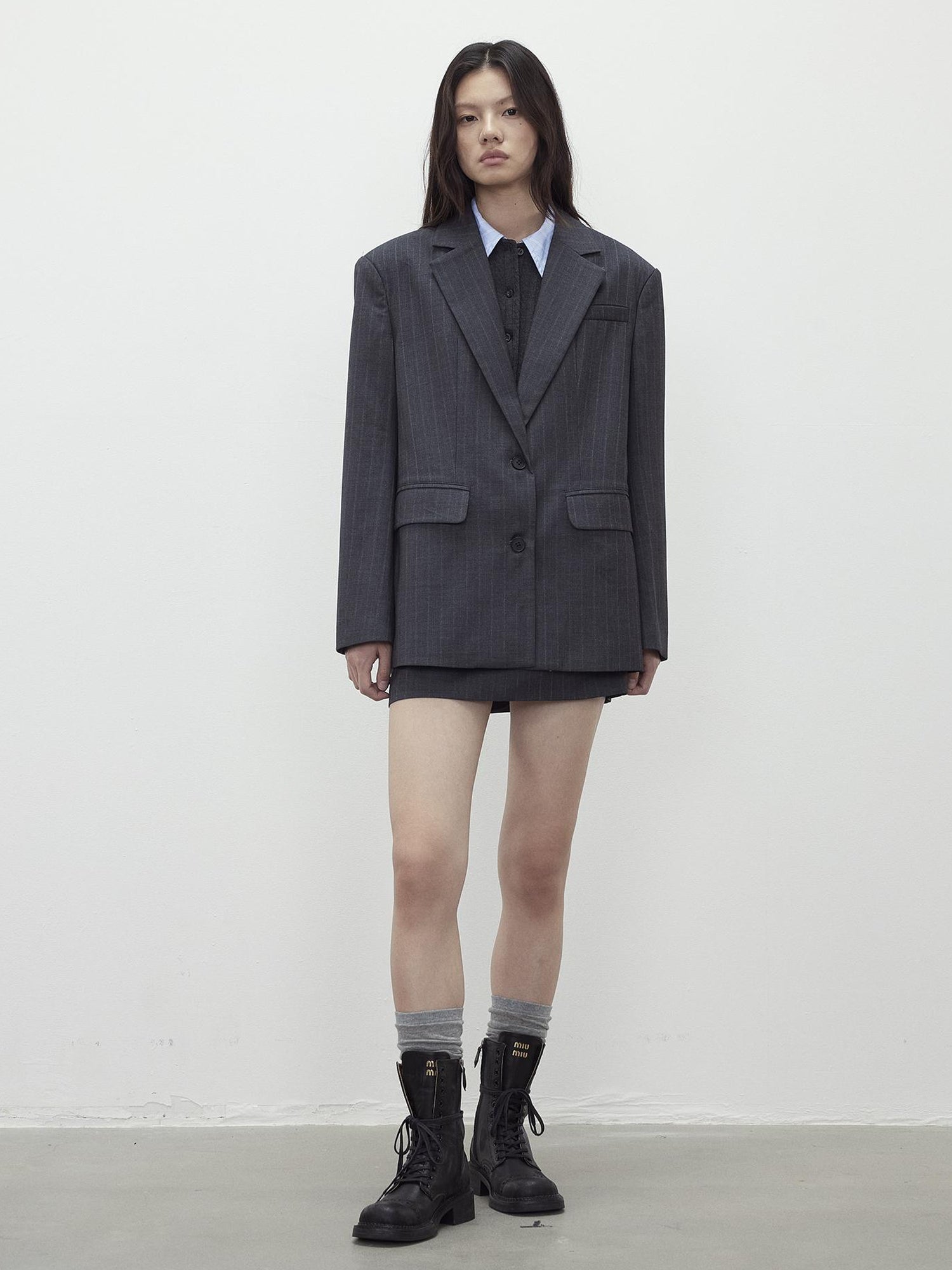AFTADAWN After Dawn Black Striped Single Breasted Two Button Oversize Blazer