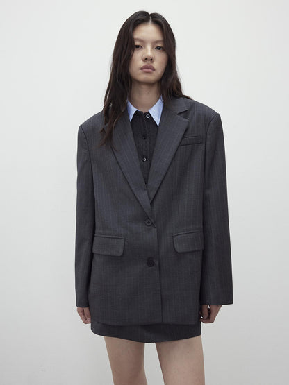 AFTADAWN After Dawn Black Striped Single Breasted Two Button Oversize Blazer
