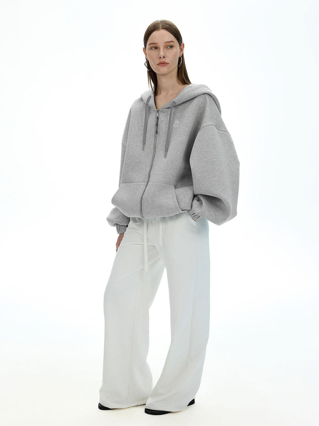 AFTADAWN Airy 3D Embroidered Hooded Zip Up Sweatshirt