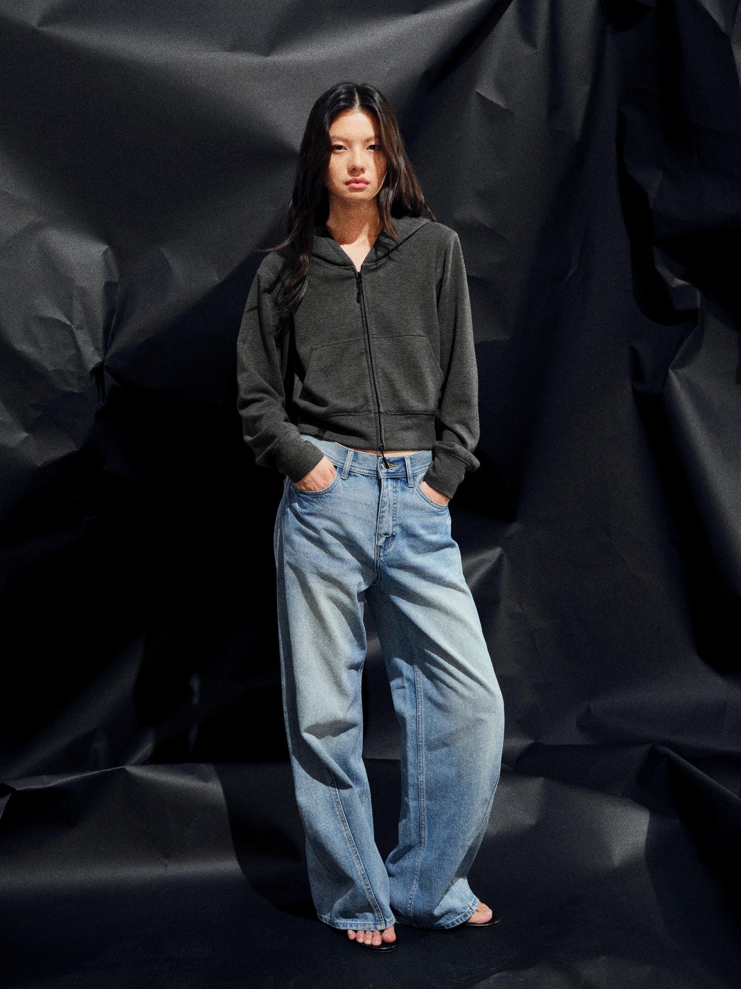 AFTADAWN Airy Double Zipper Hooded Short Solid Women&