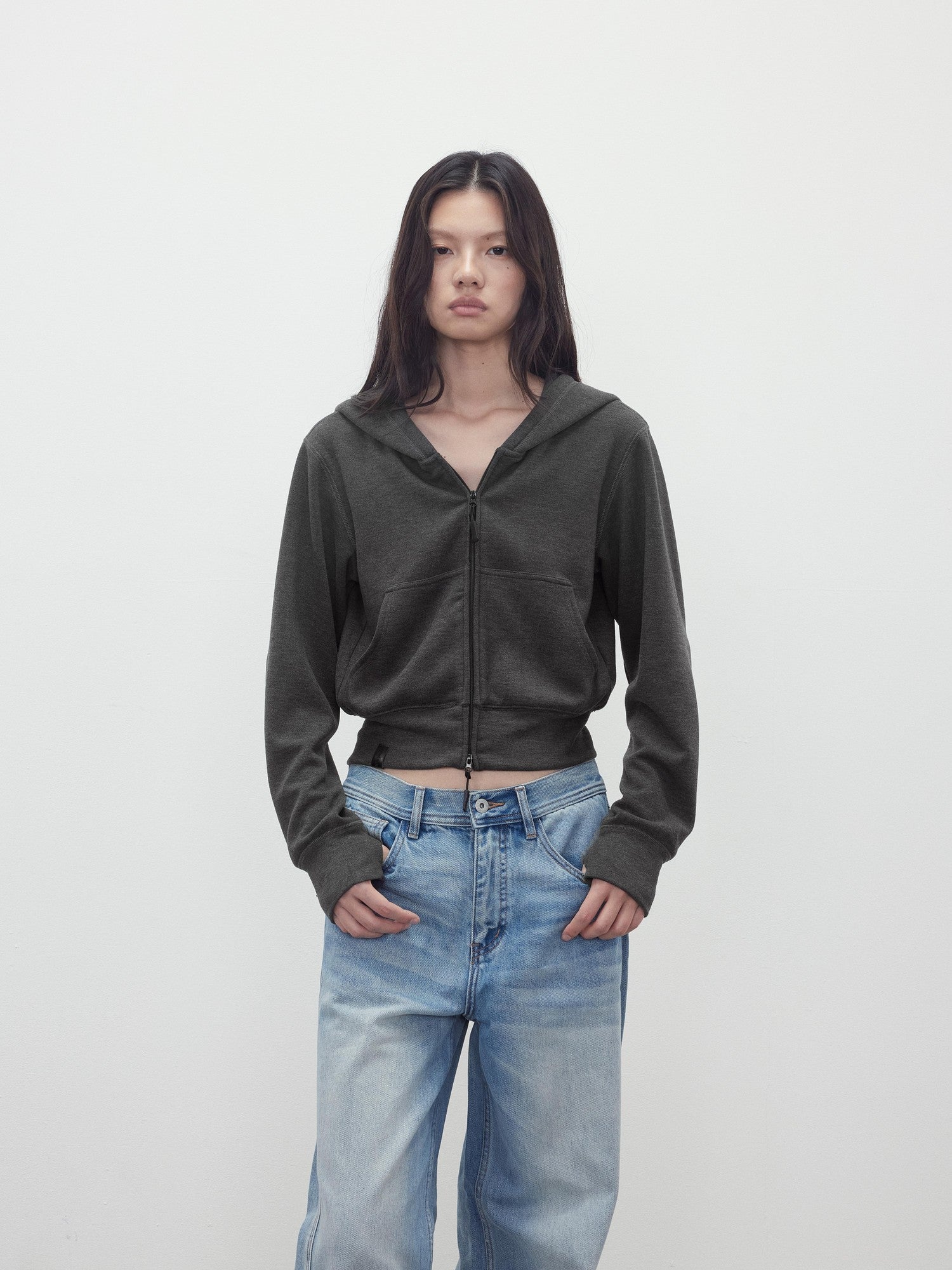 AFTADAWN Airy Double Zipper Hooded Short Solid Women&