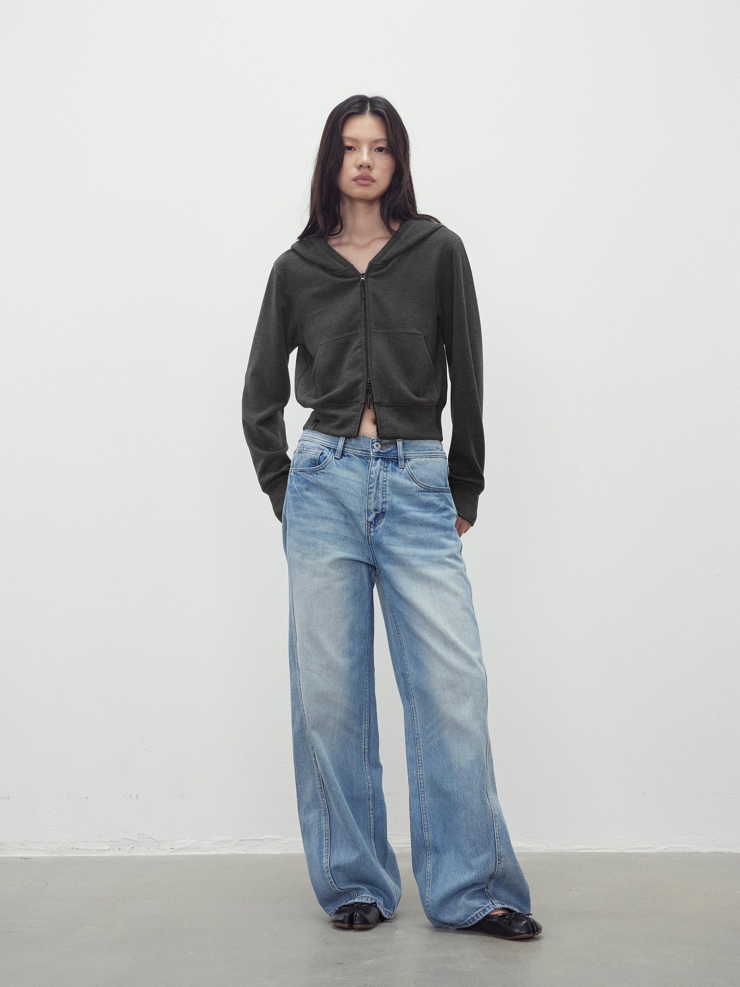 AFTADAWN Airy Double Zipper Hooded Short Solid Women&