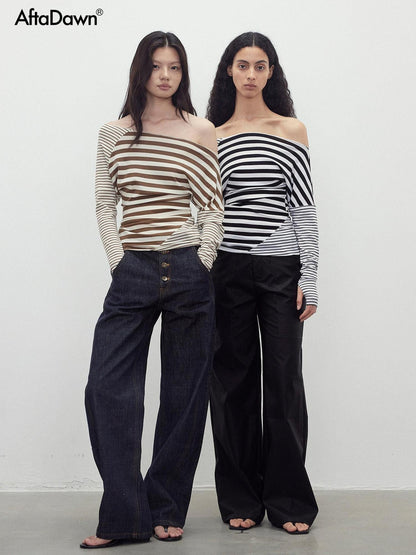 AFTADAWN Asymmetric Colorblock Striped Slant Shoulder Women&