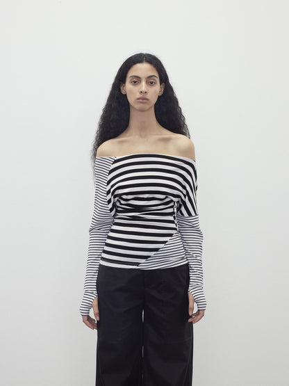 AFTADAWN Asymmetric Colorblock Striped Slant Shoulder Women&