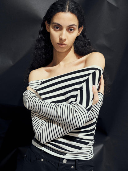 AFTADAWN Asymmetric Colorblock Striped Slant Shoulder Women&