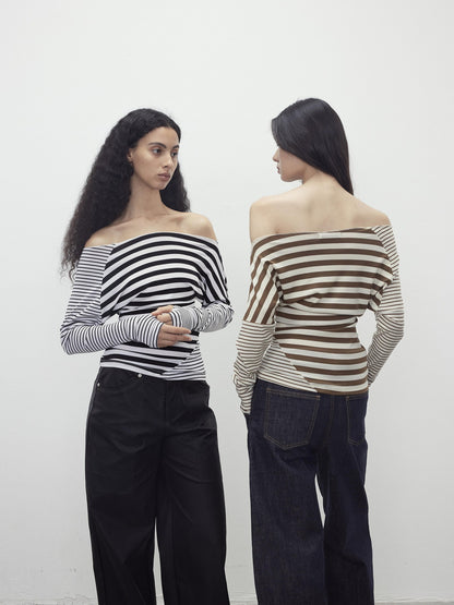 AFTADAWN Asymmetric Colorblock Striped Slant Shoulder Women&