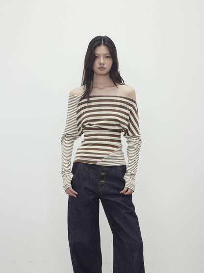AFTADAWN Asymmetric Colorblock Striped Slant Shoulder Women&