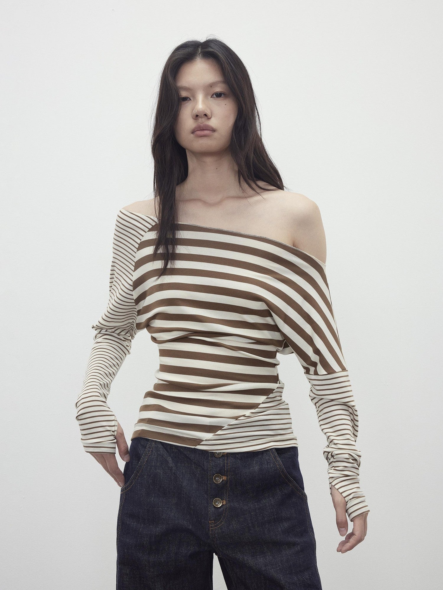 AFTADAWN Asymmetric Colorblock Striped Slant Shoulder Women&