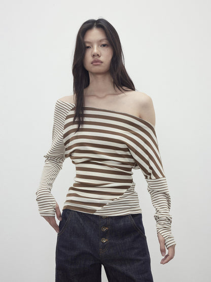 AFTADAWN Asymmetric Colorblock Striped Slant Shoulder Women&