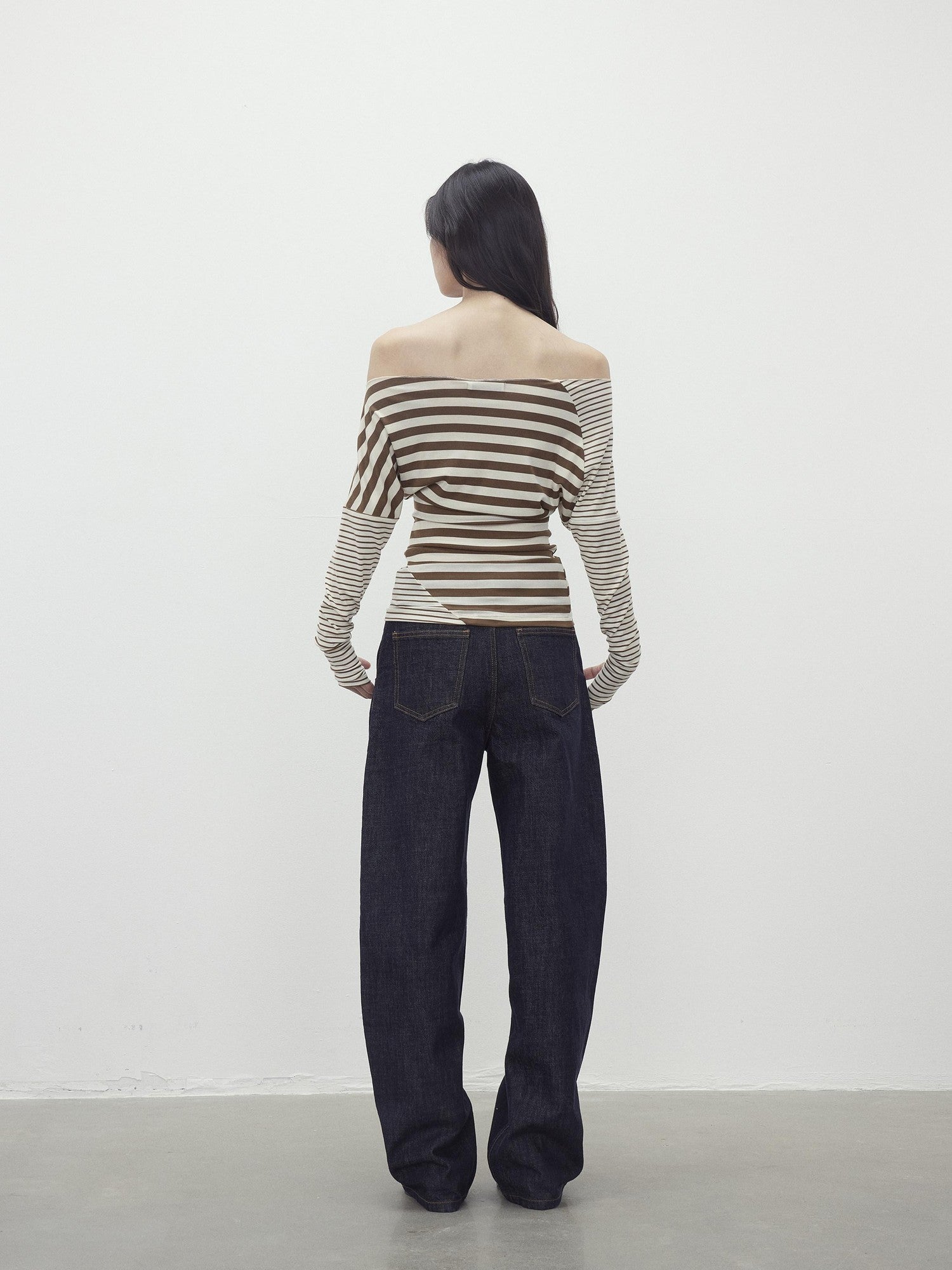 AFTADAWN Asymmetric Colorblock Striped Slant Shoulder Women&