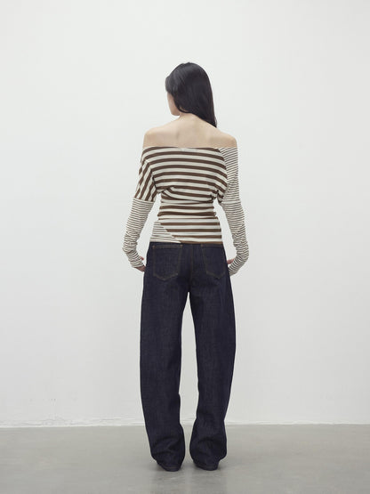 AFTADAWN Asymmetric Colorblock Striped Slant Shoulder Women&