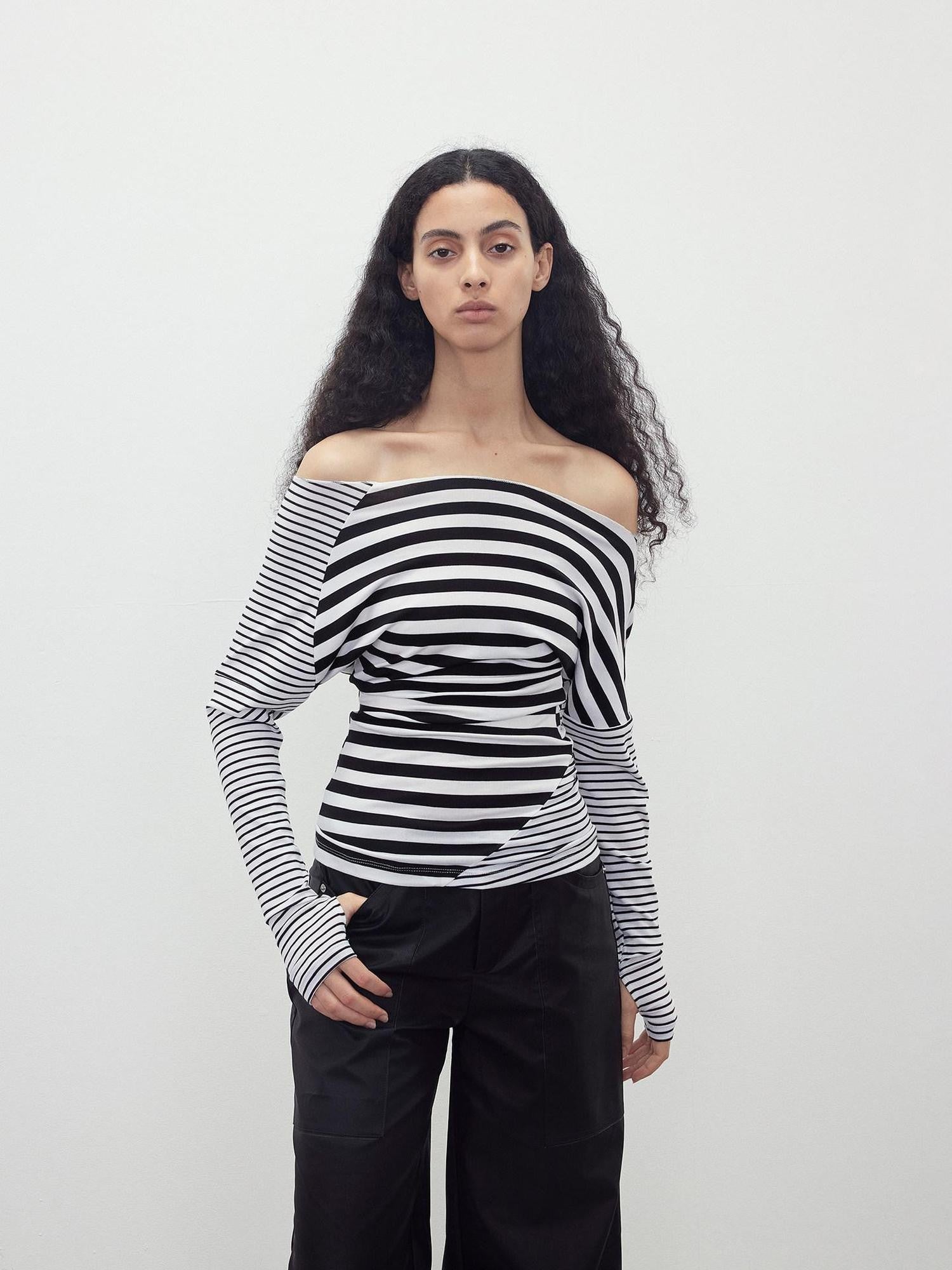 AFTADAWN Asymmetric Colorblock Striped Slant Shoulder Women&