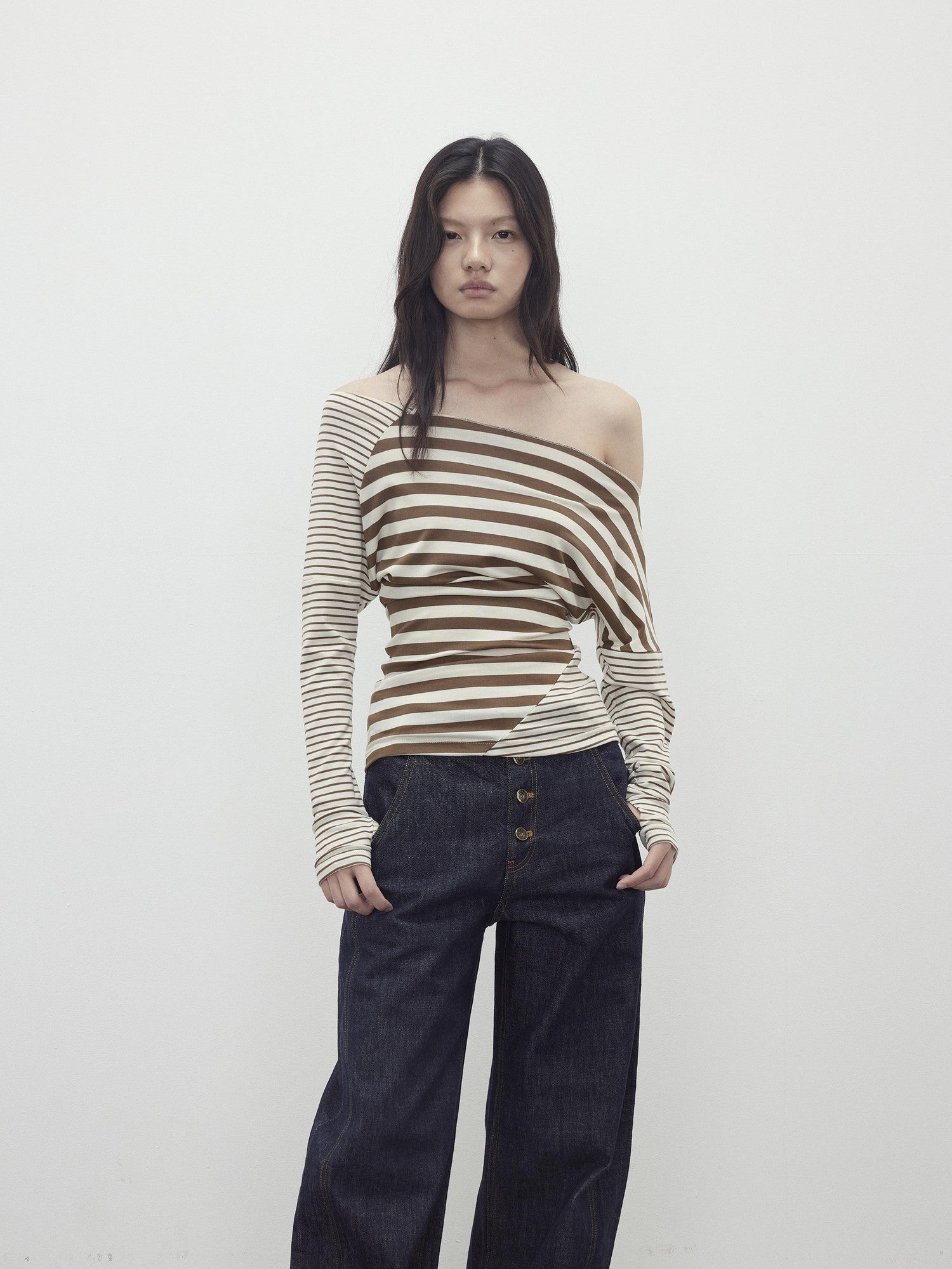 AFTADAWN Asymmetric Colorblock Striped Slant Shoulder Women&