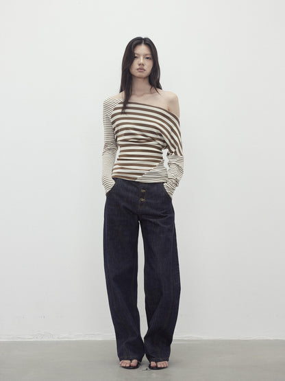 AFTADAWN Asymmetric Colorblock Striped Slant Shoulder Women&
