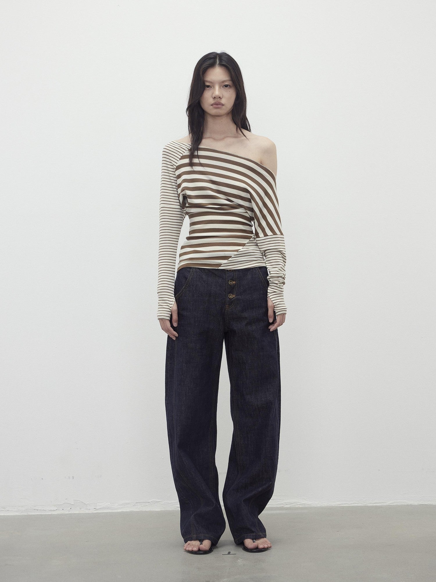 AFTADAWN Asymmetric Colorblock Striped Slant Shoulder Women&