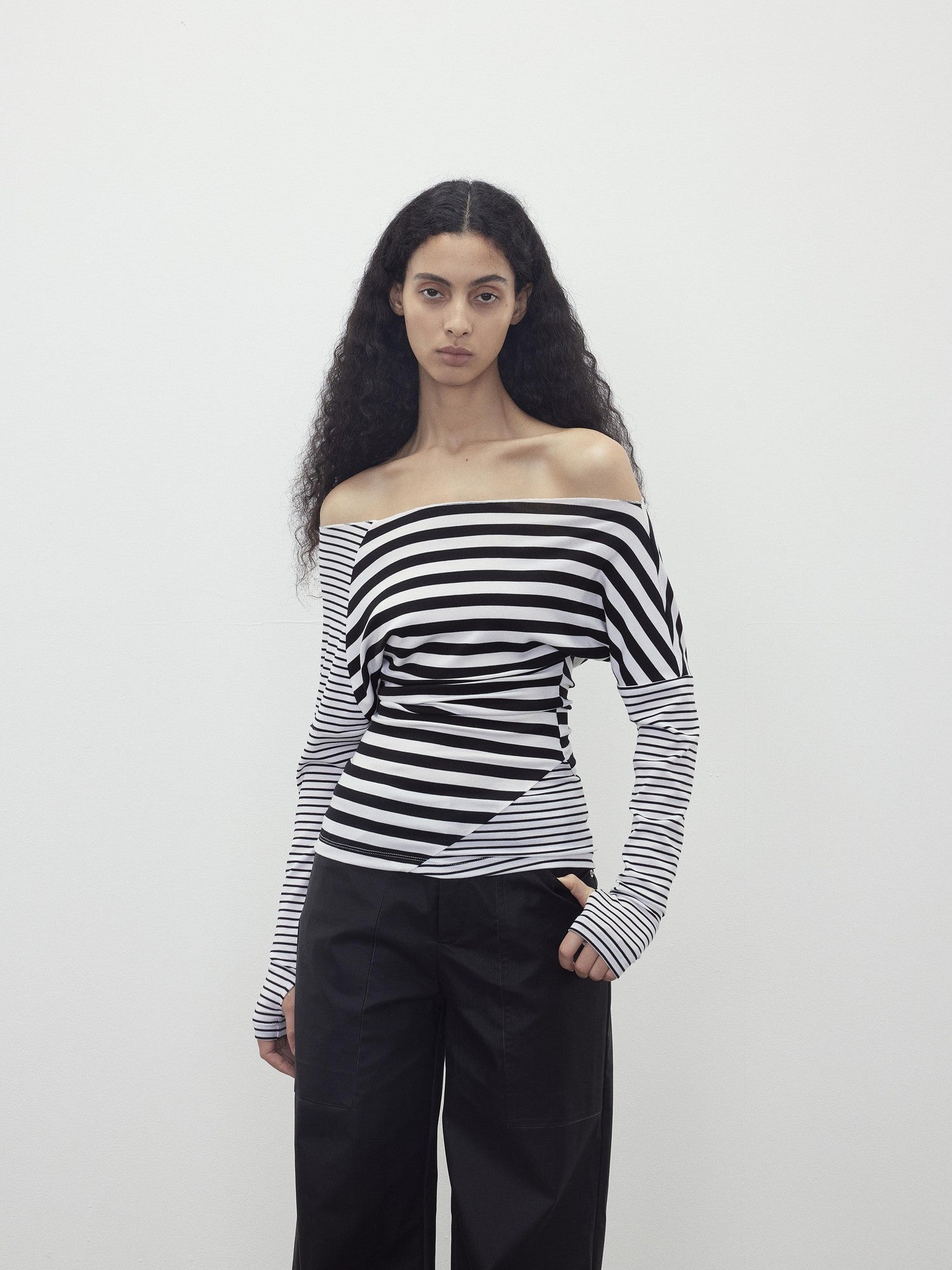 AFTADAWN Asymmetric Colorblock Striped Slant Shoulder Women&
