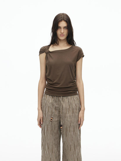 AFTADAWN Asymmetric Knot Shoulder Lyocell Slim Tee