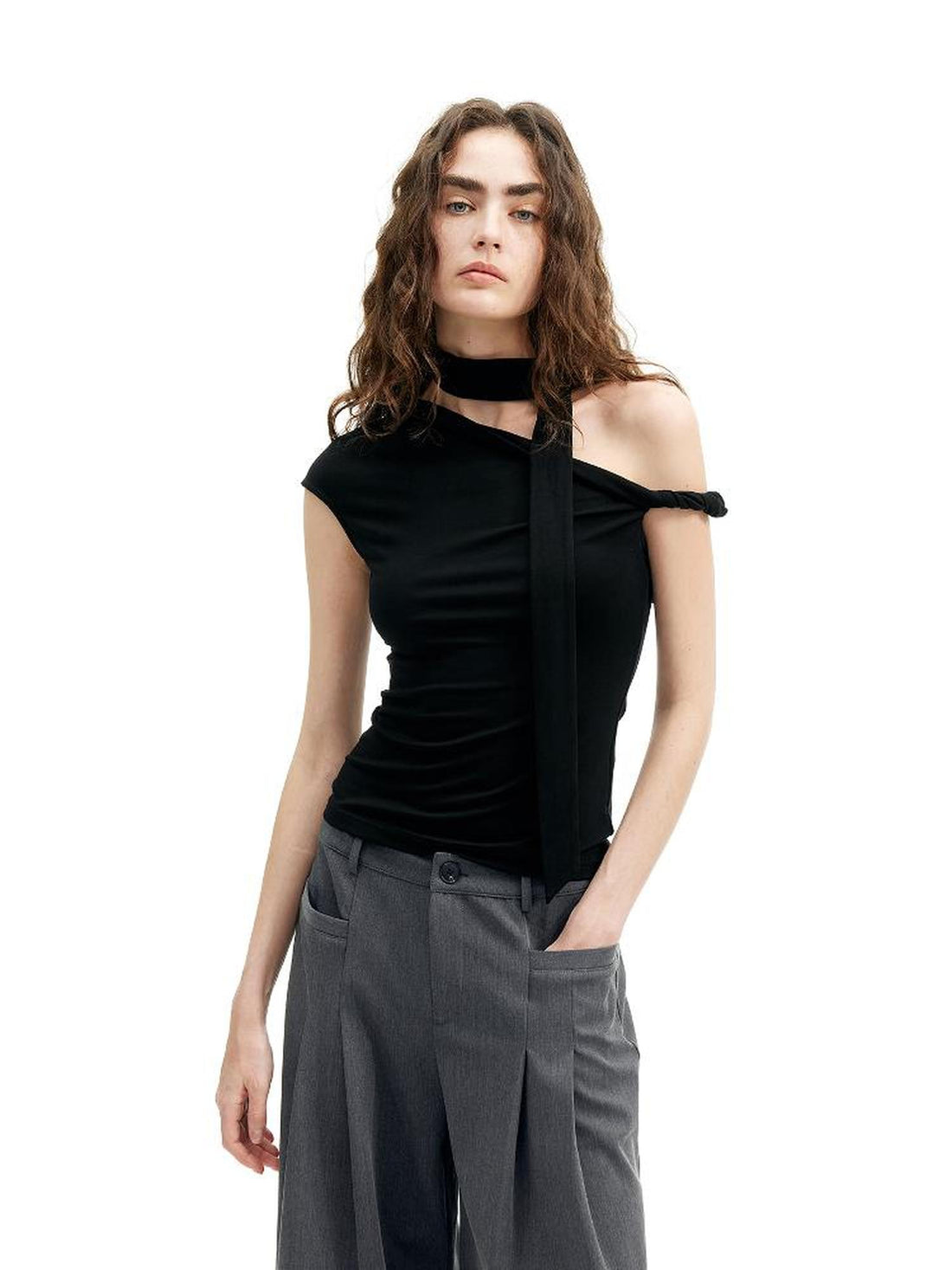 Asymmetric Knot Sleeve T-shirt With Adjustable Tie