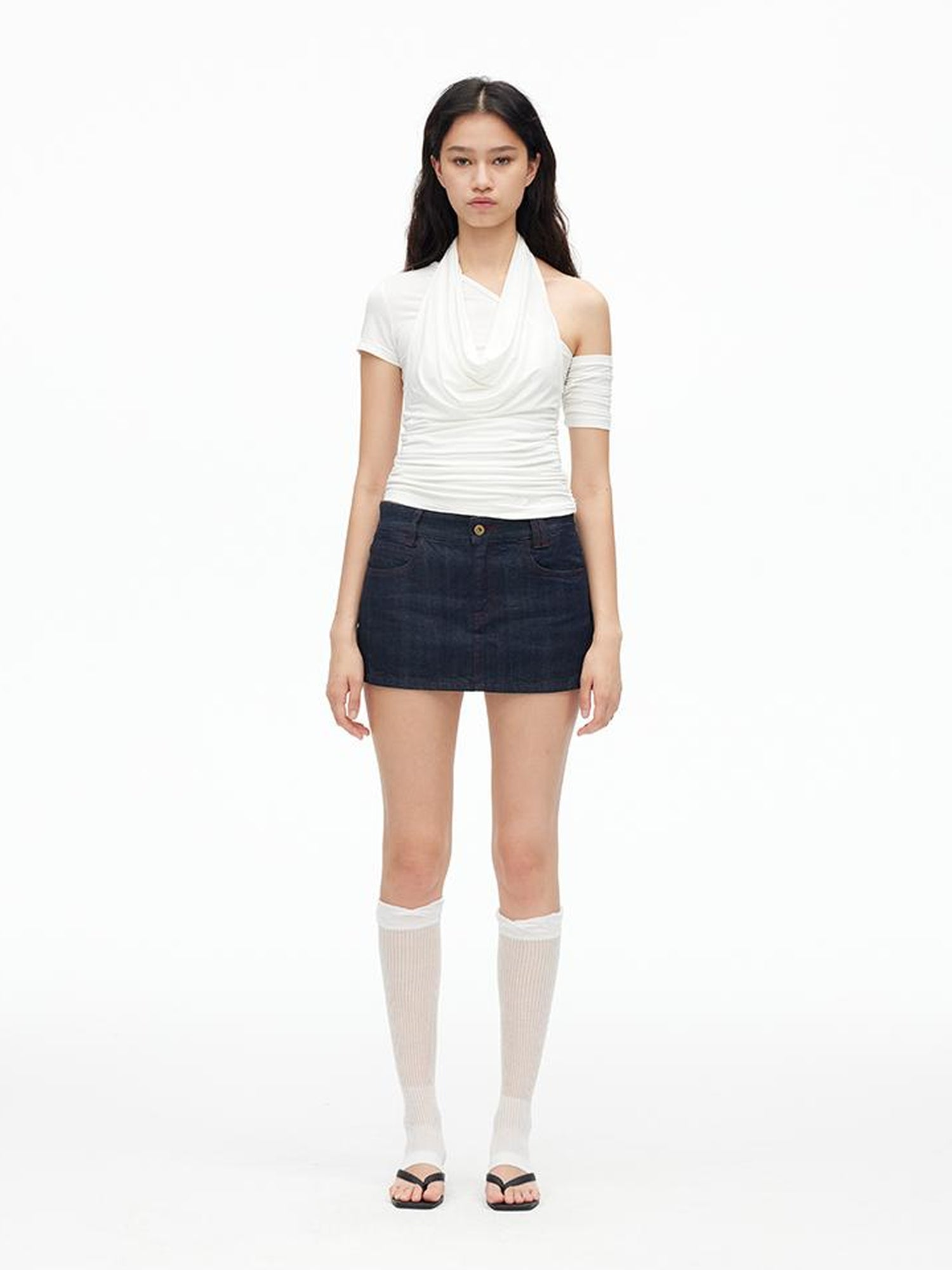 AFTADAWN Asymmetric Neckline Layered Ruffle Hem T-shirt