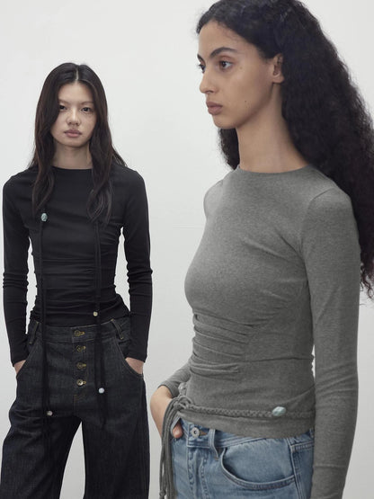 Asymmetric Neckline Pleated Top With Detachable Beaded Tie