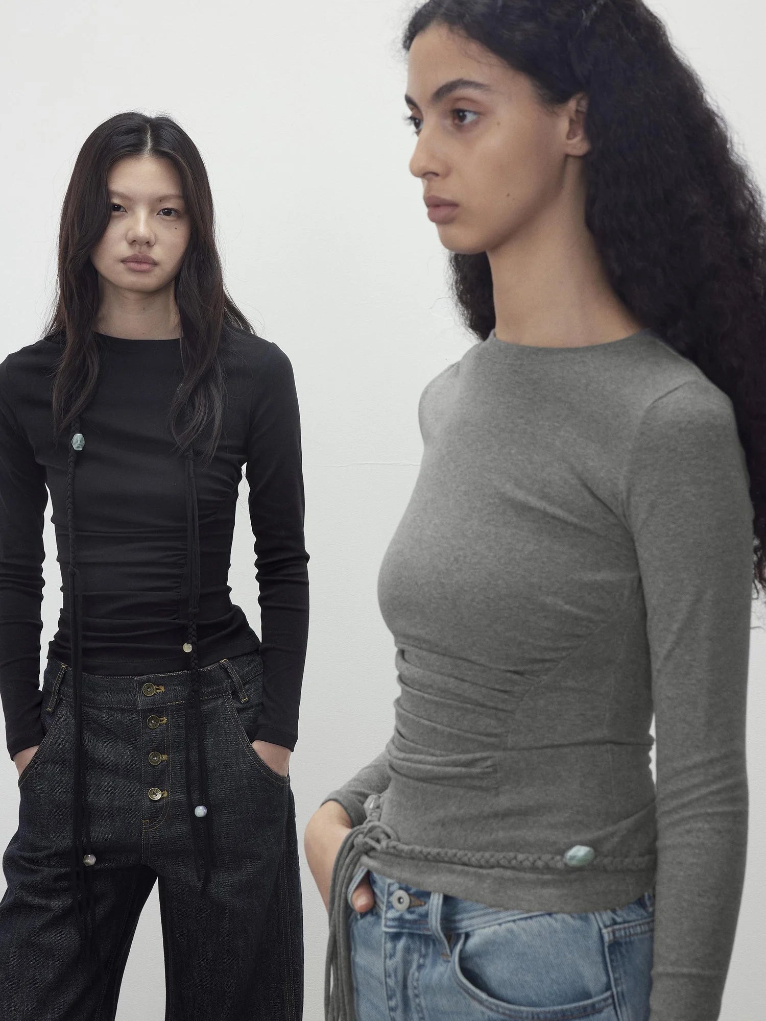 Asymmetric Neckline Pleated Top With Detachable Beaded Tie